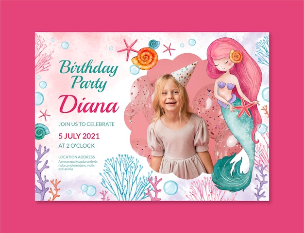 Hand painted watercolor mermaid birthday invitation template with photo