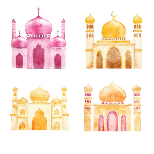 Vector hand painted watercolor mosque collection vector