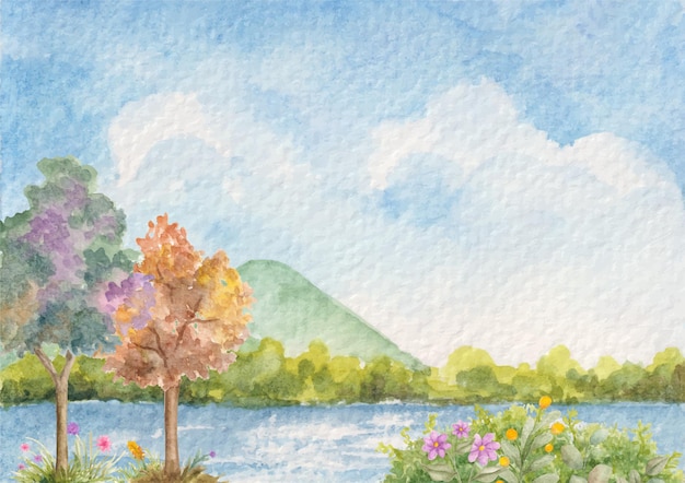 Hand painted watercolor mountain and river view landscape background