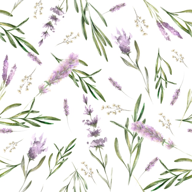 Hand painted watercolor provence floral pattern with lilac flowers of lavanders foliage Romantic