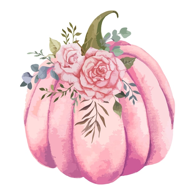 Hand Painted watercolor Pumpkins and Roses Arrangement, Thanksgiving Pastel Pumpkins