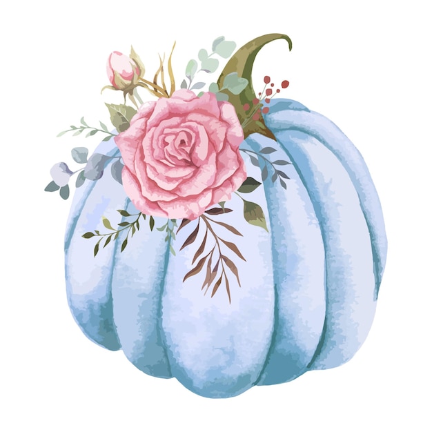 Hand Painted watercolor Pumpkins and Roses Arrangement, Thanksgiving Pastel Pumpkins