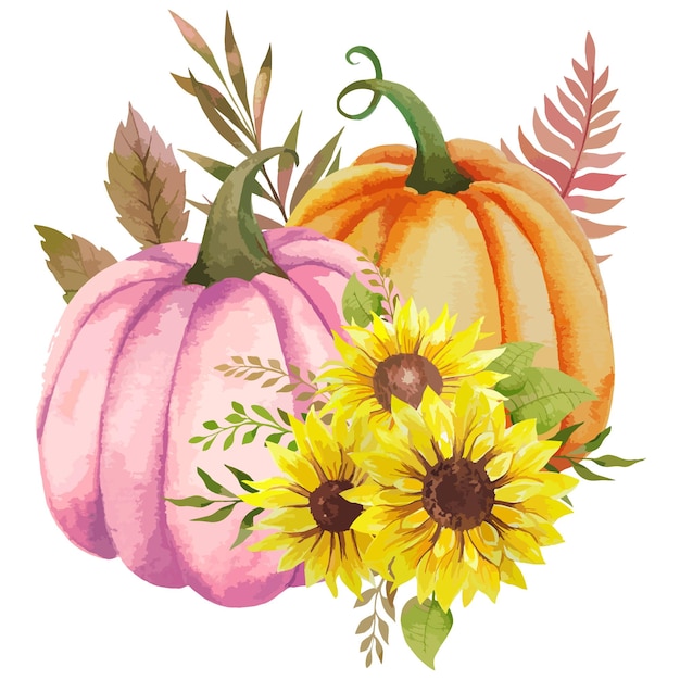 Hand Painted watercolor Pumpkins and Sunflowers Arrangement, Thanksgiving Pumpkins