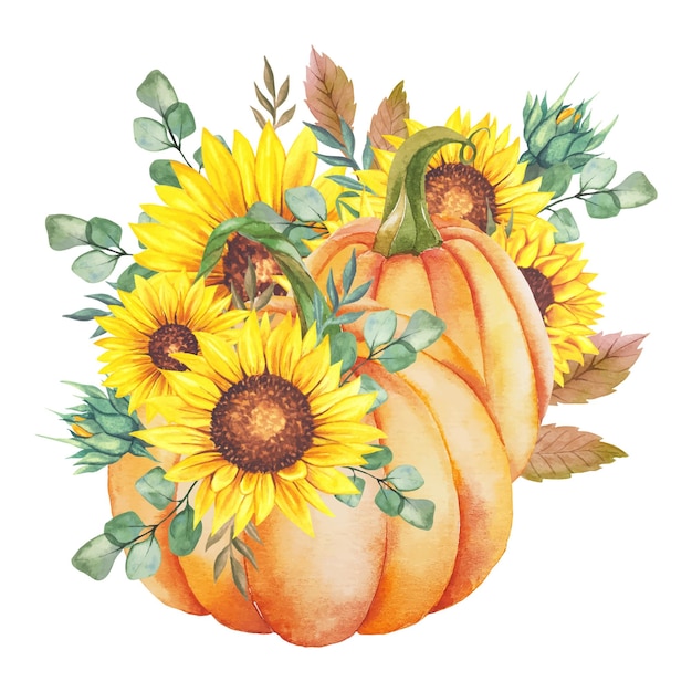 Hand Painted watercolor Pumpkins and Sunflowers Arrangement, Thanksgiving Pumpkins