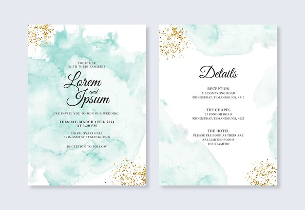 Hand painted watercolor splash and glitter for wedding invitation template