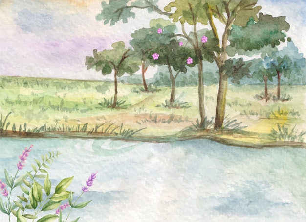 Hand painted watercolor spring landscape background