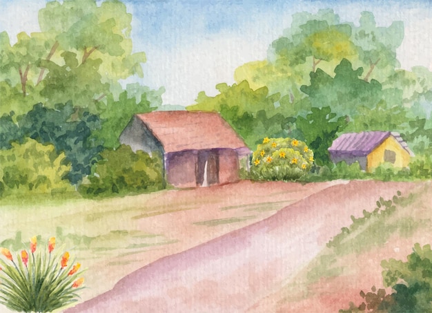 Hand painted watercolor spring landscape rural background