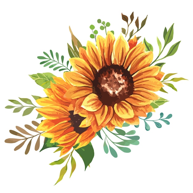 Hand Painted Watercolor Sunflowers with Leaves, Floral Botanical Illustration