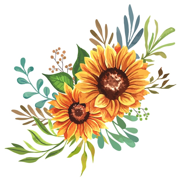 Hand Painted Watercolor Sunflowers with Leaves, Floral Botanical Illustration