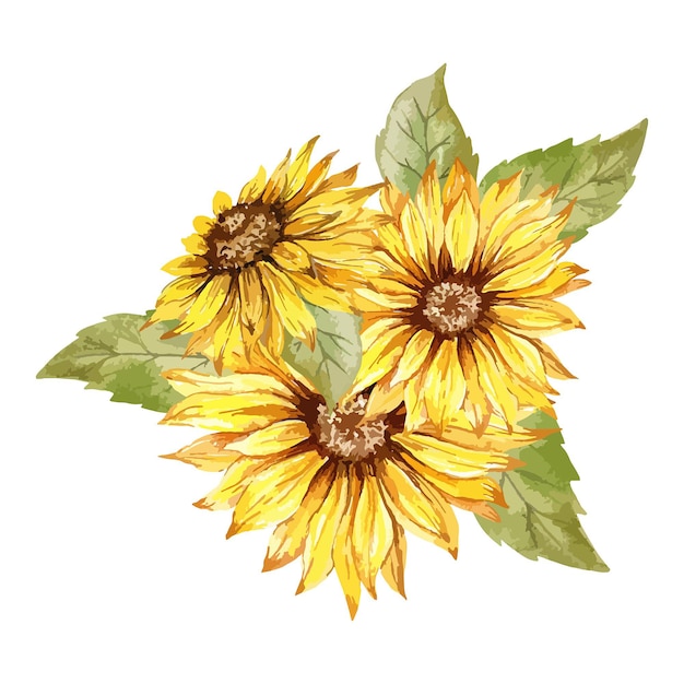 Hand painted watercolor sunflowers with leaves, floral botanical illustration