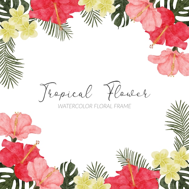 Hand painted watercolor tropical flower arrangement with monstera hibiscus palm