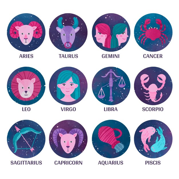 Vector hand painted watercolor zodiac sign collection