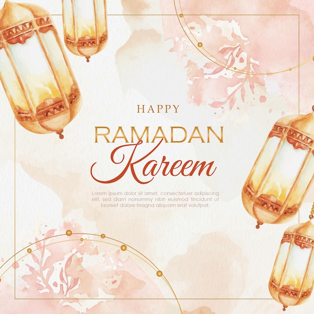 Hand painting of gold arabic lantern on greeting card ramadan kareem