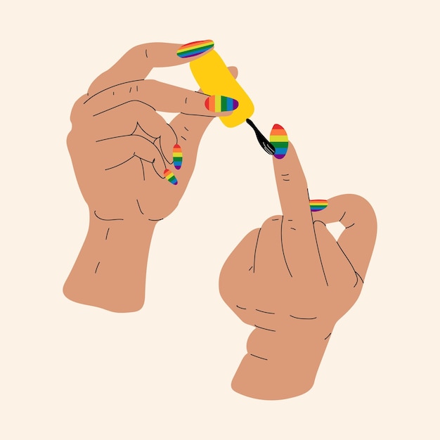 A hand paints the nail  in the lgbt flag on the middle finger. Vector