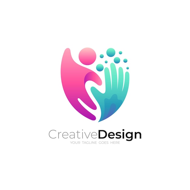 Hand people care logo template 3d colorful design social