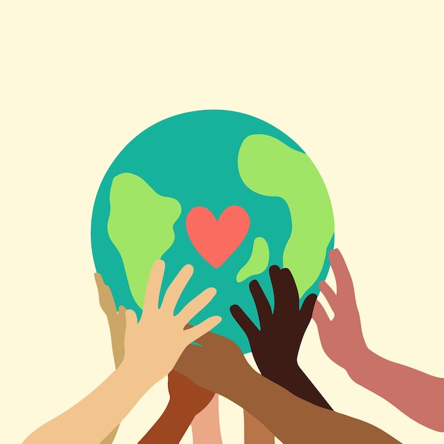 Hand of People with Different Skin Colors Holding Earth Globe Icon Symbol Flat Vector Illustration