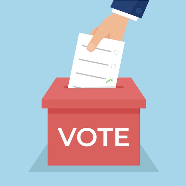 A hand places a ballot paper in a ballot box. Election concept. Flat design illustration.