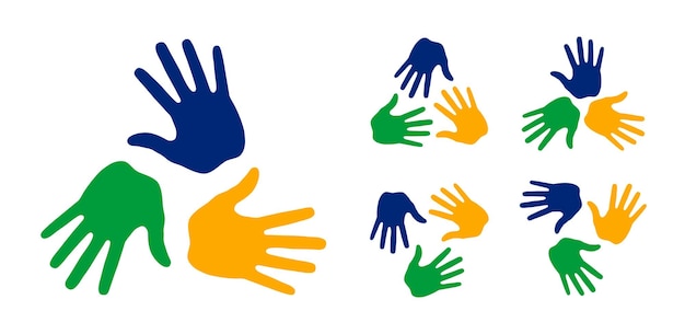 Hand print icons using Brazil flag colors set Circle frame People emblem Brazil icon Vector