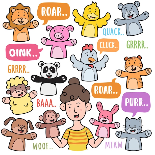 Hand puppets colorful vector graphics elements and doodle illustrations