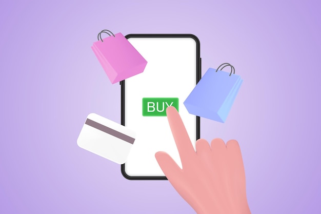 Hand pushing buy button on mobile smartphone with shop app Online shopping concept 3D Vector Illustration