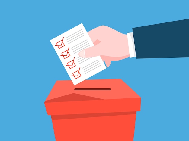 Vector hand put paper with a sign in a ballot box. political election