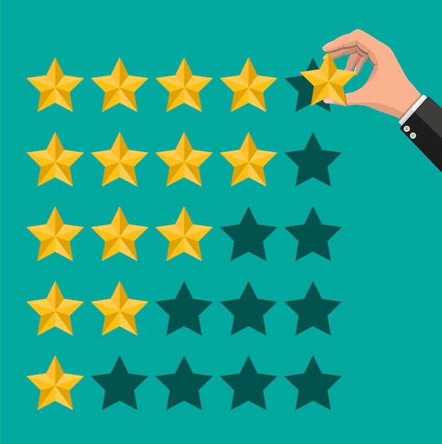 Hand puts rating. Reviews five stars. Testimonials, rating, feedback, survey, quality and review.