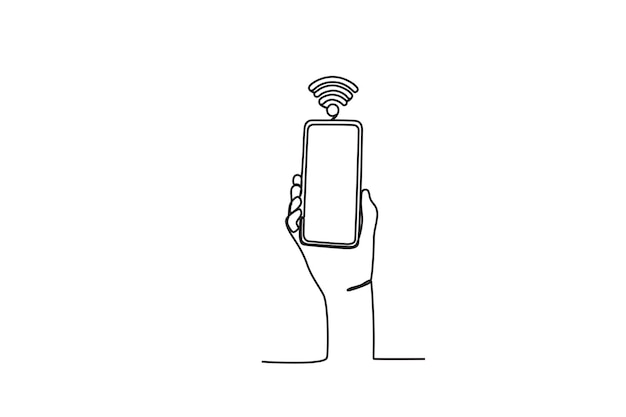 A hand raised the cellphone with the Internet network International internet day oneline drawing