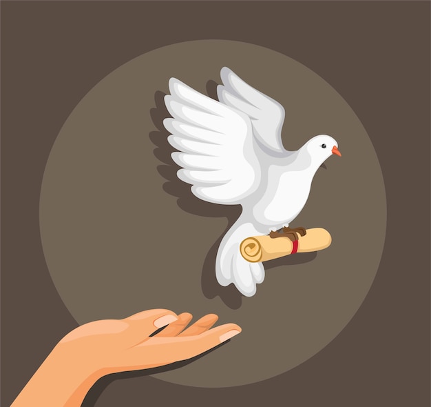 Hand release pigeon bird with roll paper message in cartoon flat illustration 