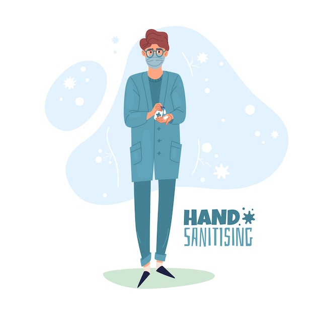 Hand sanitising illustration. The nurse uses hand sanitizing.