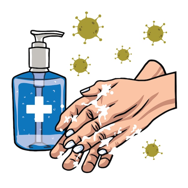 Hand Sanitizer Washing Hands Soap Prevent Coronavirus COVID19 Virus Spread Vector Illustration