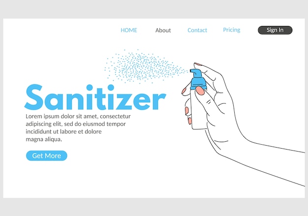 Hand sanitizer web landing page. Human hand holding sanitizer dispenser  illustration. Coronavirus disease disinfection, hygiene and healthcare. Medical prevention and epidemic safety.