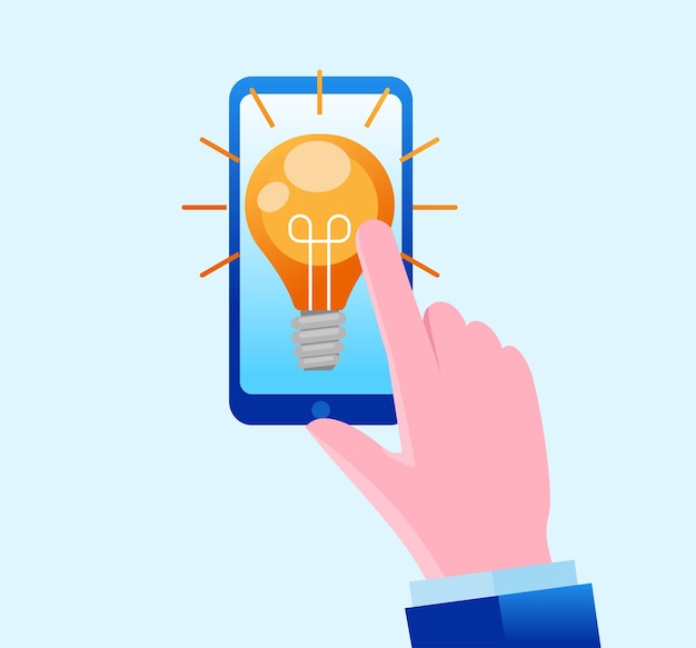 Hand show light bulb idea from smartphone Business idea landing page website illustration flat vect