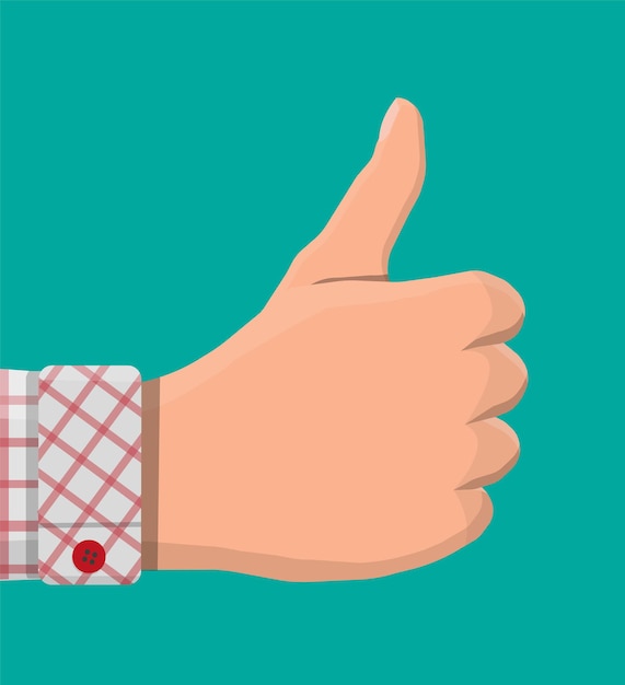 Hand shows thumb up. Positive, good or great gesture. Social network likes, customers feedback, reviews. Vector illustration in flat style