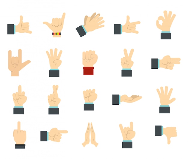 Hand sign icon set. Flat set of hand sign vector icons collection isolated