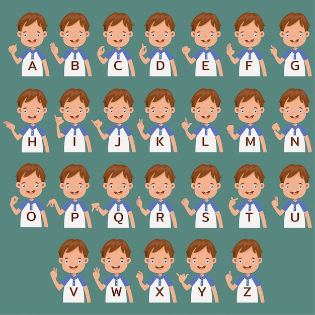 Hand sign language  collection Letter A-Z. Cartoon character Gestures symbols. expression Learning to communicate, sign language