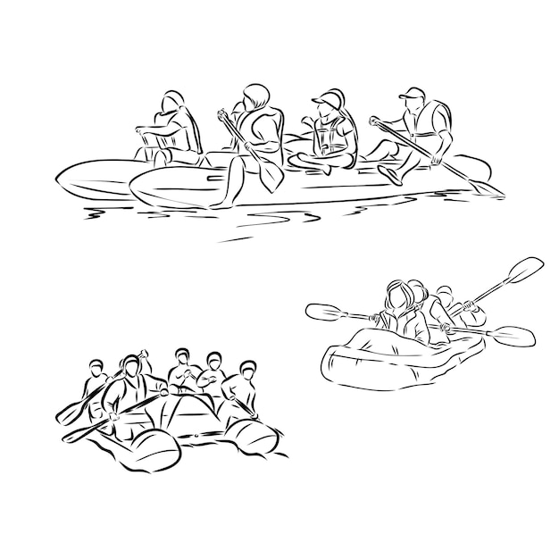 Hand sketch of people on a raft river rafting vector