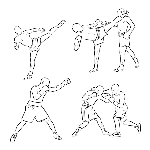 Hand sketch vector of Muay Thai or Thai Boxing Beautiful martial art that use body parts to fight against each other Self defense art High kick but get defended with arm