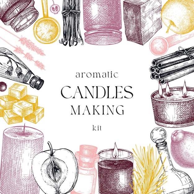 Hand sketched candlemaking card design Vintage candles herbs wax fruits spices skewers