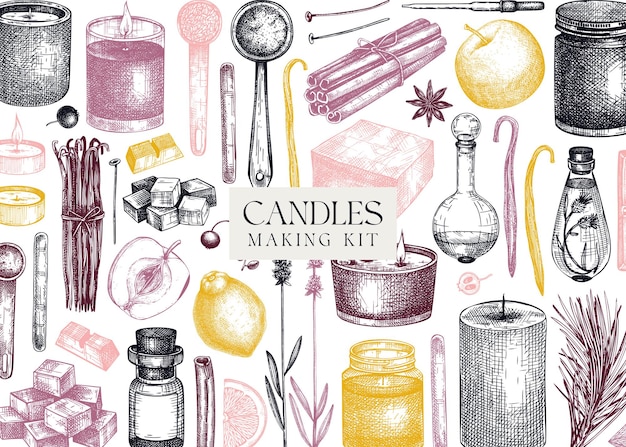 Hand sketched candles ingredients banner Vintage candles herbs wax fruits spices skewers