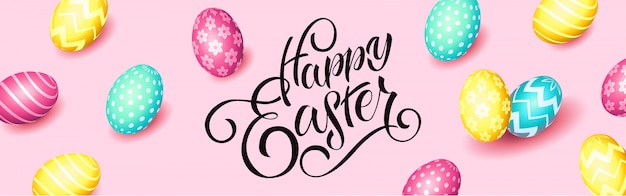 Hand sketched Happy Easter text, sale tag. Hand drawn Easter sale special offer poster, online shopping banner template, lettering typography. Motivational text with egg frame on pink background