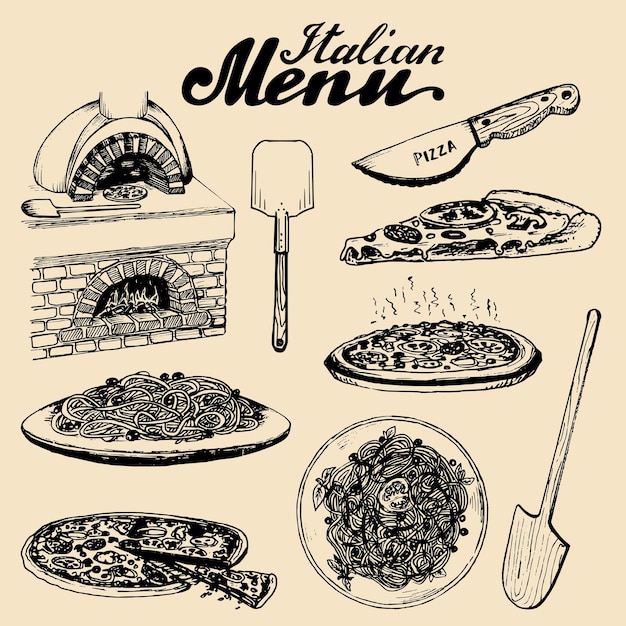 Hand sketched italian menu Vector set of drawn mediterranean food elements with lettering in ink style