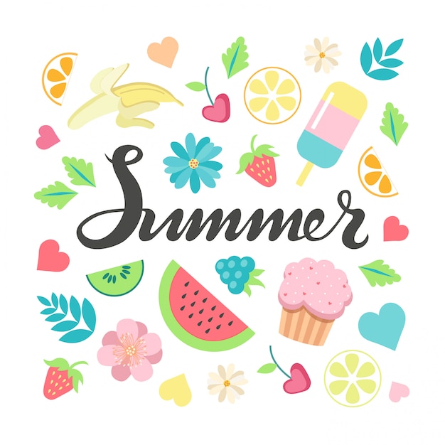 Hand sketched Summer typography lettering poster and summer elements clip art set.