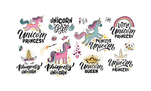 Hand sketched unicorn vector illustration patterns with lettering typography quotes motivational