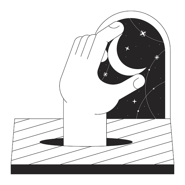 Hand taking moon off esoteric night sky flat monochrome isolated conceptual clipart Surrealism Editable black and white line vector object Simple outline spot illustration for web graphic design