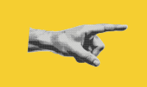 The hand that points to the right halftone cutout element on yellow background pop art retro element