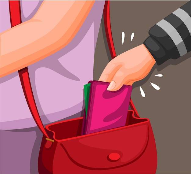 Vector hand of a thief stealing wallet from woman's bag