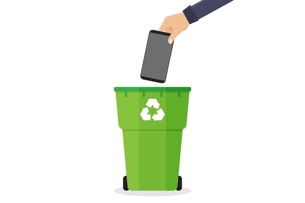 Hand throw broken smart phone to recycling bin vector design illustration