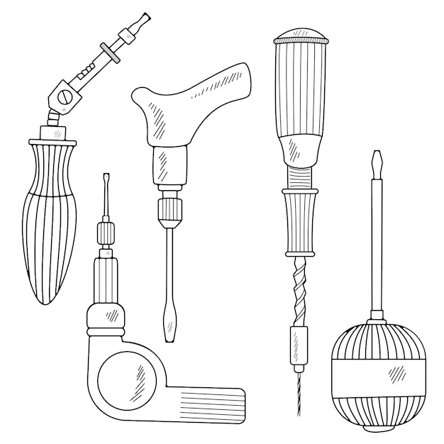 Hand tools collection Handmade cartoon with different elements of the sketch a mechanical screwdriver In a flat style On a white background Vector illustration