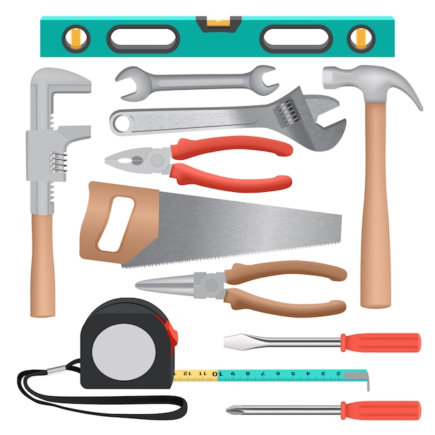 Hand tools mockup set. Realistic illustration of 11 hand tools mockups for web