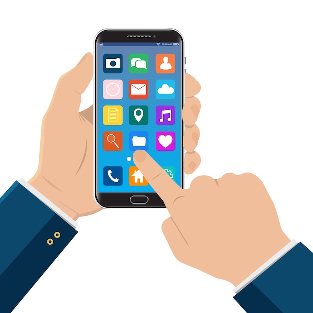 Hand touching smart phone with icons on the screen